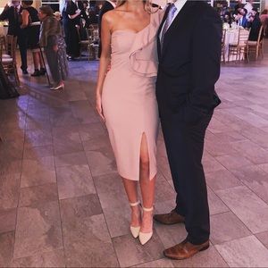 One shoulder blush ruffle dress with slit